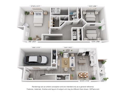Floor plan for 3 beds, 2.5 baths, 1550 sqft
